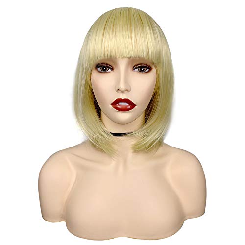 Short Bob Wig 12 Inch Straight Hair with Bangs Blond Synthetic Colorful Heat Resistant Fiber Hair for Women Cosplay Daily Photograph Party Adjustable Wigs with Free Wig Cap and Comb