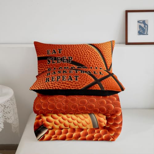 Image of Feelyou Basketball Comforter Set King Size Ball Pattern Bedding Set for Kids Boys Girls Eat Sleep Sports Theme Duvet Quilt Bedroom Decor Microfiber 3 Pcs with 2 Pillow Cases