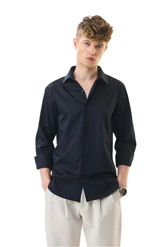 Image of SNITCH Men Formal Shirt | Slim Fit Full Sleeve Classic Collar Solid Pattern | Premium Cotton Blend & Breathable Fabric for Office