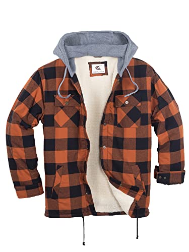 Image of COEVALS CLUB Men's Flannel Fleece Sherpa Quilted Lined Plaid Snap Work Shirt Jacket /Hooded