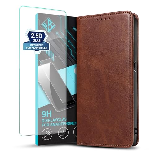 LBH Handyhülle Smartphone-Hülle für Samsung Galaxy A80 mit 9H Bildschirmglas Klapphülle Magnetverschluss Kartenfächer Geldfach Standfunktion Hülle Etui R&umschutz Schutzhülle Dunkelbraun