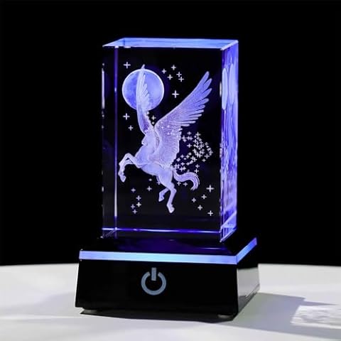 Crystal Engraved 3D Flying Horse Figurine with LED Base Cover