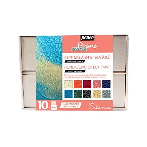 Pébéo Fantasy Prisme Collection Box - Farben mit Fantastischen Effekten - 10 x 45 ml Flaschen Gemischte Farben, 2 x 20 ml Relief Paste, 4 x Pipetten, 1 x Schwamm, Kreativer Ratgeber