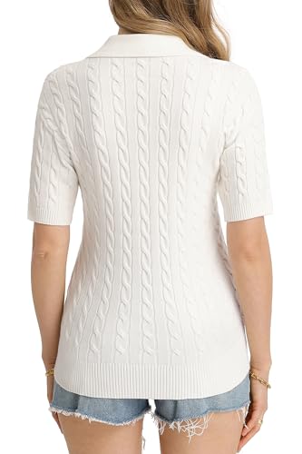 Image of QUALFORT Cable Knit Women's Short Sleeve Sweater Soft V Neck Polo Tops