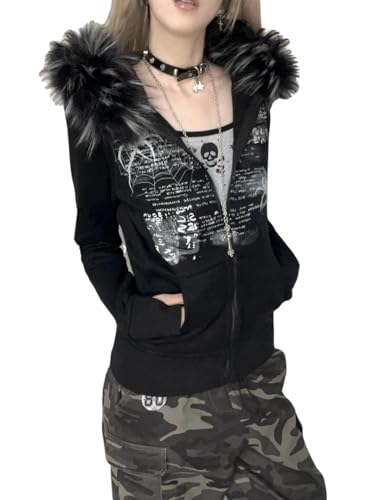 Cute Clad Y2k Fur Collar Grunge Hoodies Women Vintage Harajuku Gothic Print Hooded Streetwear Coat Aesthetic Slim Jacket (Black Medium)