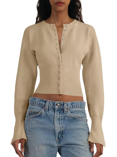 Image of Saodimallsu Womens Cropped Sweaters Cardigan | Button Down,Long Sleeve,V Neck,Ribbed Knit,Slim Fit ,Pullover Crop Tops