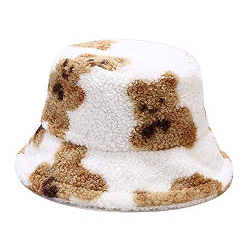 YAMEE Winter Bucket Hat for Women Warm Hats Cute Pattern Faux Fur Fisherman Cap (Bear-White)