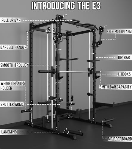 Image of Eonfit E3 Smith Machine for Home Gym Equipment, Multi-Function Power Cage Squat Rack with Cable Crossover LAT Pulldown Pulley System All in One