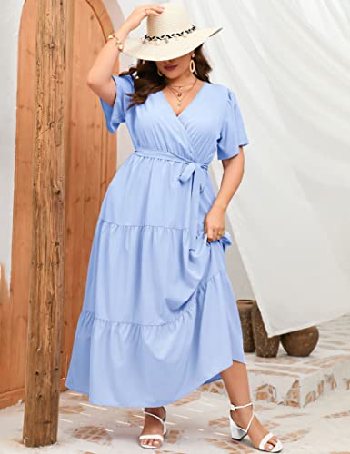 Image of ShopWonder Womens Plus Size V Neck Wrap Maxi Dress High Waist Ruffle Summer Casual Dress with Belt