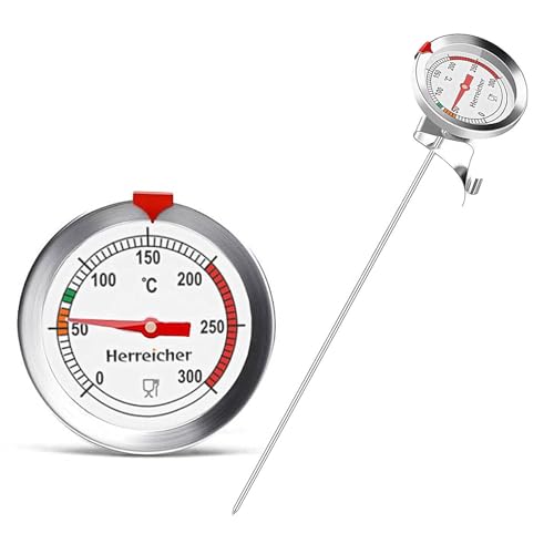 Herreicher Frittierthermometer Grillthermometer Küchenprofi 300°C - Sofort Ablesbares Analog Fleischthermometer aus Edelstahl mit praktischem Clip 23cm Langer Sonde Kochthermometer Küchenthermometer