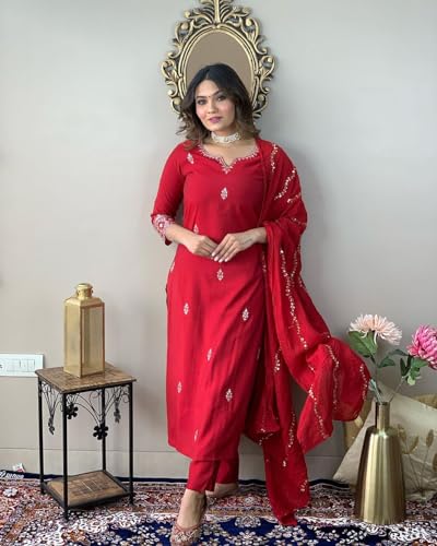 Image of Yashika Women Pink Embroidered Chanderi Fabric Straight Kurta, Pant and Dupatta Set