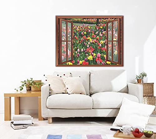 Image of CVANU Creative Window View Home Decor, Beautiful Garden of Colourful Flowers, Removable Window Wall Stickers /Decals for Living Room,Bed Room etc Cv 26