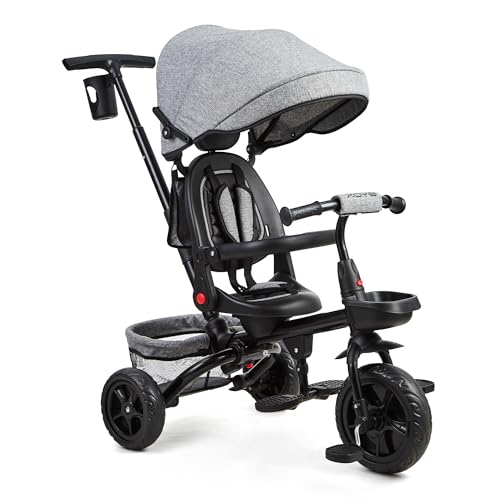 Triciclo Evolutivo 6 En 1, Triciclo Infantil con Barra De Empuje, Triciclo Infantil De 9 Meses a 5 AñOs, Asiento Giratorio Orientado hacia La Madre, Capota Plegable con Parasol, Cochecito Plegable