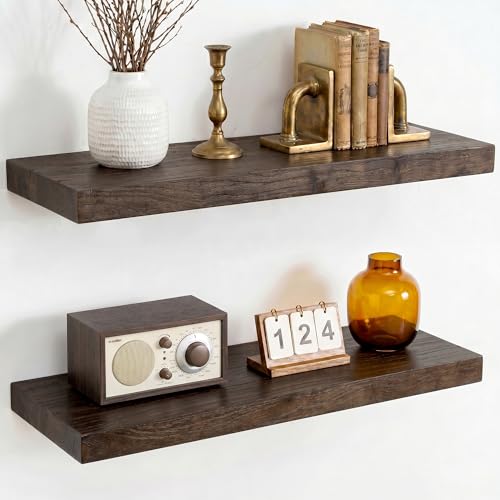 Image of Dreamland Floating Shelves 24 Inch Long for Wall Decor, Rustic Solid Elm Wood Floating Shelf Wall Mounted, Wall Shelves Set of 2 with Invisible Bracket for Living Room Bathroom Bedroom Kitchen, Walnut