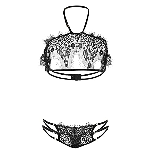Bra Two-Piece Without Sexy Lingerie Underwear Thong Hollow Ring Sexy Women's Three-Point Suit Lace Underwear (Black, M) - Image 4