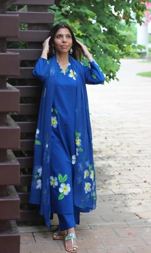 Image of GoSriKi Kurta Sets for Women Viscose Printed | Kurta Pant Dupatta Set | Straight Kurti Set for Women | N Neck Scalloped Kurta | 3 /4 Sleeve Ethnic Suit Set for Girls | Designer Indian Kurti