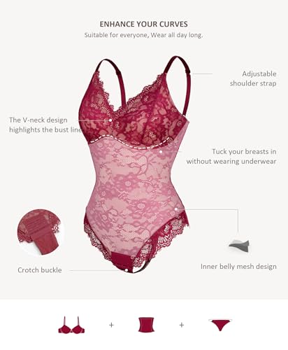 Image of FeelinGirl Shapewear Bodysuits for Women Lace Shapewear Tummy Control V-Neck Sleeveless Bodysuit Tops Jumpsuit