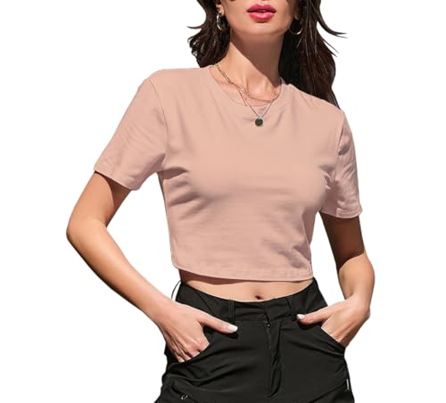 Image of Betusline Girls & Women Basic Summer Short Sleeve Slim Fit T-Shirts Soft Crewneck Crop Y2k Tee Cute Gym Fashion Clothes