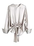 Milumia Women Elegant Knot Keyhole Back Round Neck Long Sleeve Satin Blouse Top Grey Small