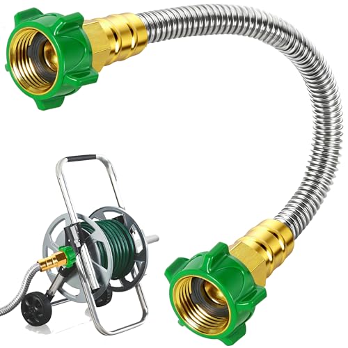 Female to Female Short Garden Leader Hose 1FT Metal Hose Reel Connecting Hose Stainless Steel Hose Connector for Hose Reel Flexible Kink-Free & No Leak Outdoor Water Pipe Extension Adapter