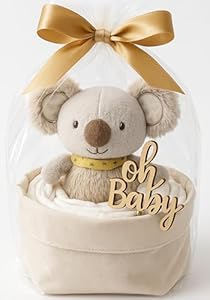 Windeltorte Mädchen & Junge mit Koala Greifling - Boho Vintage [Handmade] - Baby Geschenk zur Geburt & Babyparty - mit Organizer-Säckchen, Premium Windeln & Geschenkfolie, Windeltorte Neutral