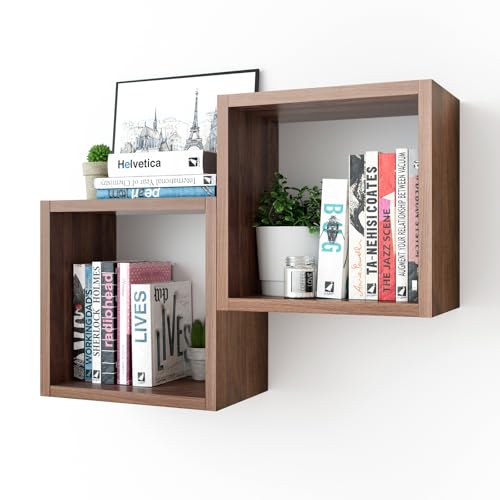 Kaboon Cube Floating Shelves Set2 Display Shelves Wall Mount 7.75 D x 12.5 W x 12.5 H (Walnut Square 2 Cubes)