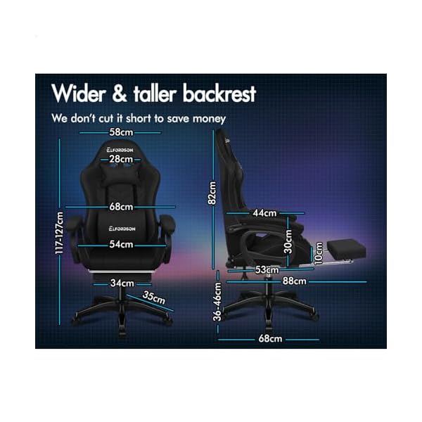 ELFORDSON 8-Point Massage Gaming Chair with RGB LED, Massaging Office Chair with Lumbar Support Footrest 82cm High Back 150° Recliner, Adults and Kids, Fabric Linen, Black - Image 3