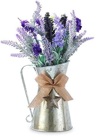 Huadanbor 15“Artificial Flowers, Metal Pitcher Artificial Lavender Flowerpot in Bathroom and Dining Table Center, Wedding Decoration vases, Summer vase, Purple Decoration, Bowknot vase (Purple)
