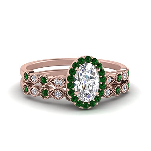 Ensemble d'anneaux de mariage ovale en or rose avec pierre personnalisable