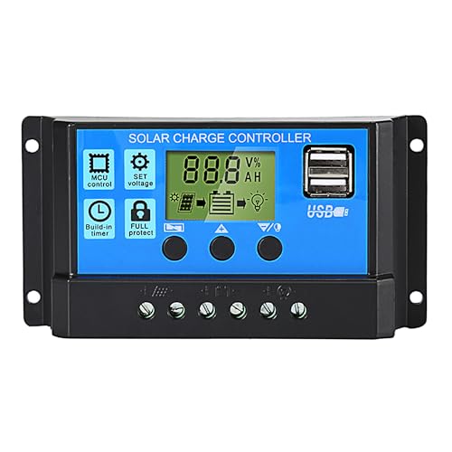 Anern 30A PWM Solar Charge Controller 12V/24V with LCD Display, Dual USB Solar Panel Battery...