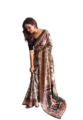 Women’s Soft Silk Saree with Kalamkari Fusion Print Comes with Unstitched Printed Blouse Ethnic Party & Wedding Wear (B Green)