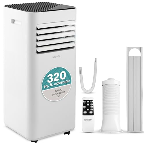 SereneLife Portable Air Conditioner 10000 BTU - 3-in-1 Compact Standing Air Conditioner for Room Up to 320 Sq. Ft. - Floor AC Unit with Remote Control - Universal Casters, Window Mount Kit