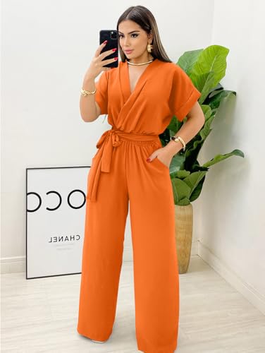 Beagimeg Women'S Elegant Casual Short Sleeve V Neck Belted Wide Leg Pant Jumpsuits One Piece Outfits Orange thumb #3