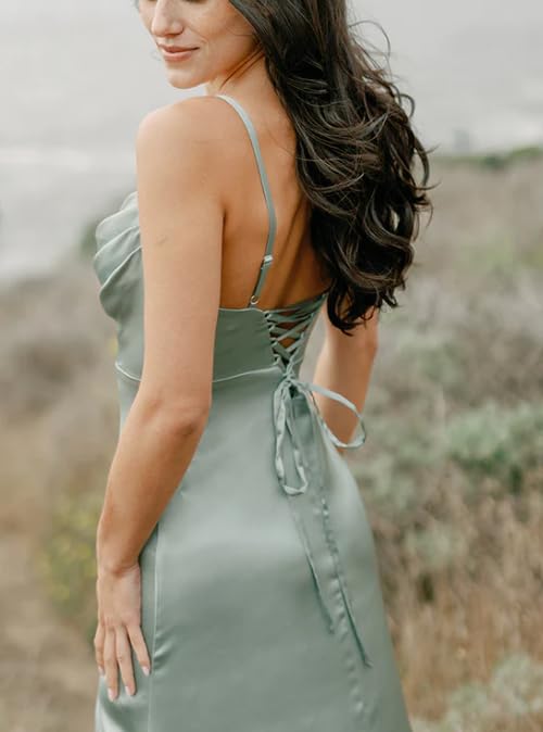 Satin Bridesmaid Dress for Women Spaghetti Straps Slit Prom Dress Formal3