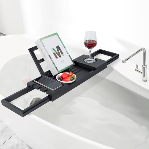 Utoplike Badewannentablett aus Bambus, verstellbar, für Badewanne, Badezimmer-Organizer mit Buch, Tablet, Weinglas, Tasse, Handtuchhalter, Schwarz