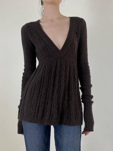 Women Y2K Long Sleeve Square Neck Pleated Knitted Tunic Tops Loose Fit Vintage Babydoll Lightweight Sweaters2