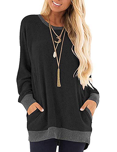 SEBOWEL Womens Crew Neck Color Block Pockets Long Sleeve Sweatshirts Tunic Shirts Black S