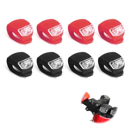 DmDoyy Set di 8 luci da bicicletta in silicone con batteria e 3 funzioni di illuminazione, illuminazione per bicicletta da notte (nero + rosso)
