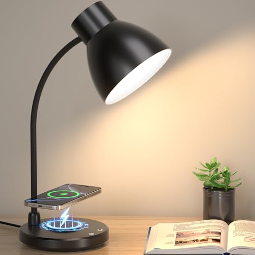 Vicsoon Desk Lamps for Home Office - LED Desk Lamp with Wireless Charger 3 Color Modes Dimmable Eye-Caring Study Reading Desk Light Small Flexible Arm Table Lamp for College Dorm Room Bedside Black