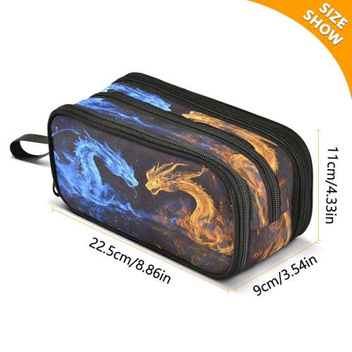 Image of Blue Dragon Orange Dragon Pencil Case 3 Compartment Pen Bag Pouch Holder Box School Portable Stationery Storage Bag for Girls Boys