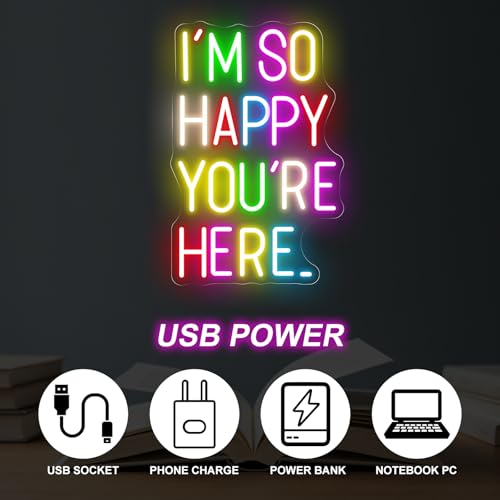 Image of I'm So Happy You're Here Neon Sign Positive Affirmation LED Sign | USB Powered Dimmable Neon Light for Bedroom Classroom Backdrop Decor Aesthetic 16.5 inchx10.8 inch