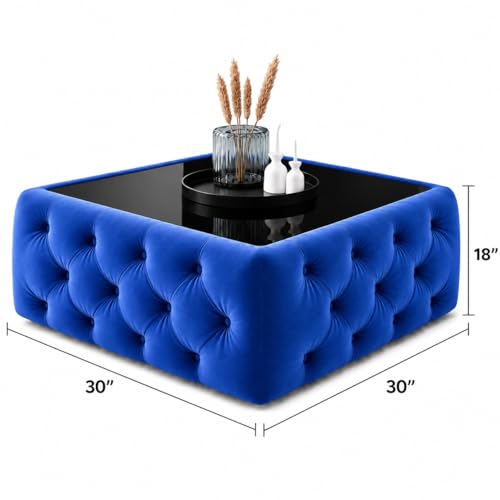 Image of Premium Tufted Upholstered Coffee Table with Mica Top - Modern Square Ottoman Center Table, Soft Velvet Finish, Luxury Living Room Furniture - 30 x 30 x 18 Inch (Royal Blue)