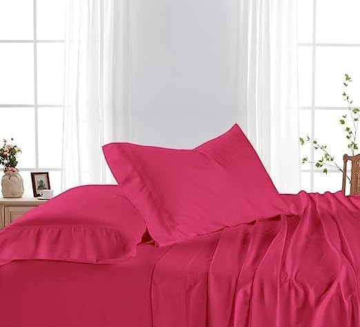 Miniatura 2 de Juego de sábanas de 4 piezas de 800 hilos, 100% algodón suave, tamaño King, color rosa intenso, sábanas de algodón de fibra larga con funda de