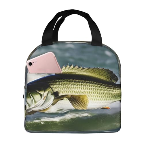 PPHGUT Bolsa de almuerzo transpirable con estampado de ondas de pesca de lubina, para estudiantes, adultos, arroz, verduras, frutas, ensalada