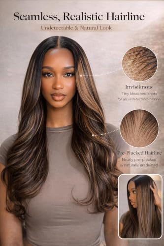 Image of Sunber Ombre Brown Balayage Highlights 13x4 Pre-Everything Lace Frontal Yaki Straight Human Hair Drawstring Wig Put On and Go Pre Cut HD Lace Pre Plucked Invisible Knots Yaki Glueless Wigs 22Inch