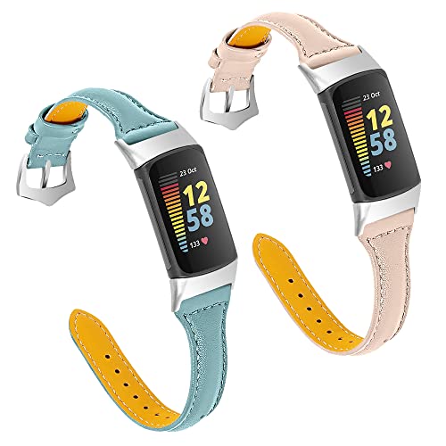 FitTurn [Paquete de 2 correas de cuero compatibles con Fitbit Charge 5, correa de repuesto de cuero genuino de lujo, correa deportiva para hombres y mujeres, accesorios (albaricoque + azul)