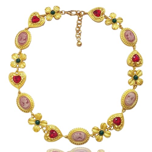 Chunky Y2K Jewelry Gold Necklace - Red Heart Charm, Colorful Vintage Collar Statement Halloween Costume En route Jewelry for Women, Christmas Gifts