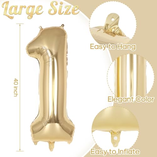 Image of Champagne Gold Large Number 1 Balloon, 40 Inch Light Gold Foil Helium Number Balloons, Giant Mylar Number 1 Balloons for 1st Years Old Birthday Party Anniversary Decorations