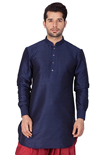 Image of Vastramay Men's Gold Curved Shape Pathani Style Silk Cotton Kurta - Mid-Length with Buttoned Cuff, Soft & Comfortable Ethnic Wear