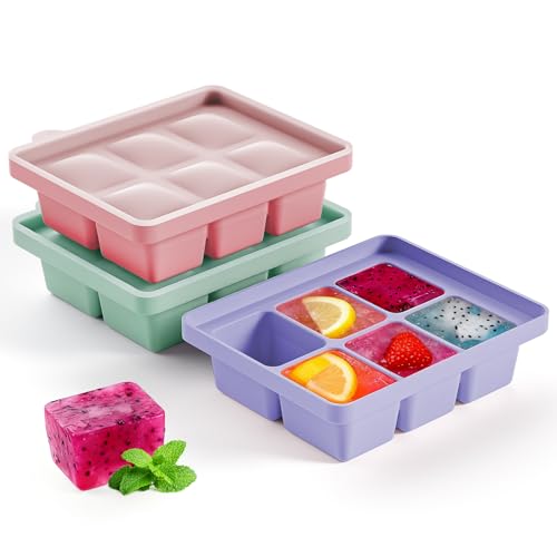 Image of Large Silicone Ice Cube Tray Set of 3, Easy Release 6 Flexible Silicone Ice Cube Molds with Removable Lid, Reusable Freezer Stackable Ice Trays for Whiskey, Baby Food, No Floater, BPA Free